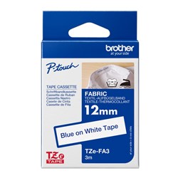 Brother TZE-FA3 P-Touch Tape 12mmx3m Iron On Fabric Blue on White